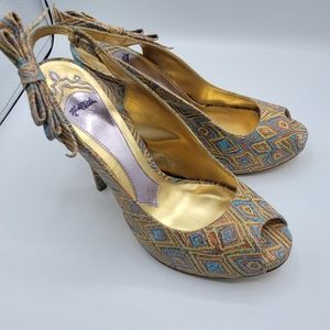 Hale Bob Marissa Beige Khaki Turquoise Orange Open Toe Slingback Heel